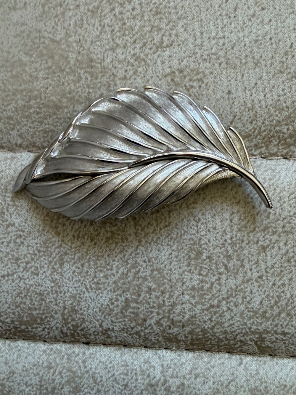 Vintage Crown Trifari Brushed Silver Tone Leaf Brooch Pin Signed Mid Century